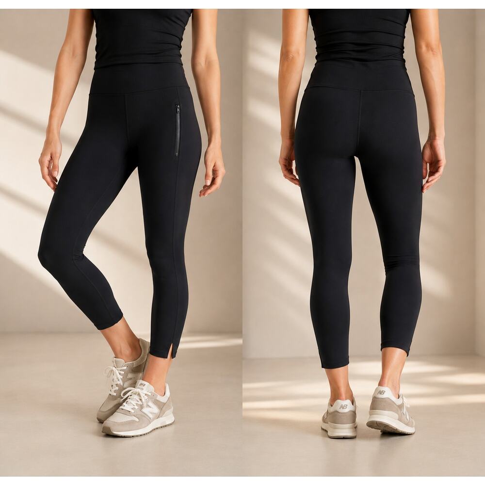 Athleta Black Stellar Crop Leggings Zipper Pockets Minimalist UPF Athleisure-S